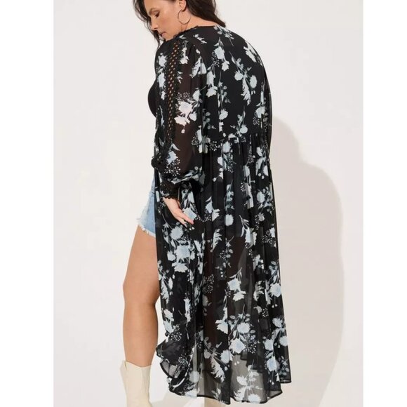 Torrid 1 Black Floral Chiffon Tie Front Maxi Kimono 1X 14 16 - Picture 4 of 12
